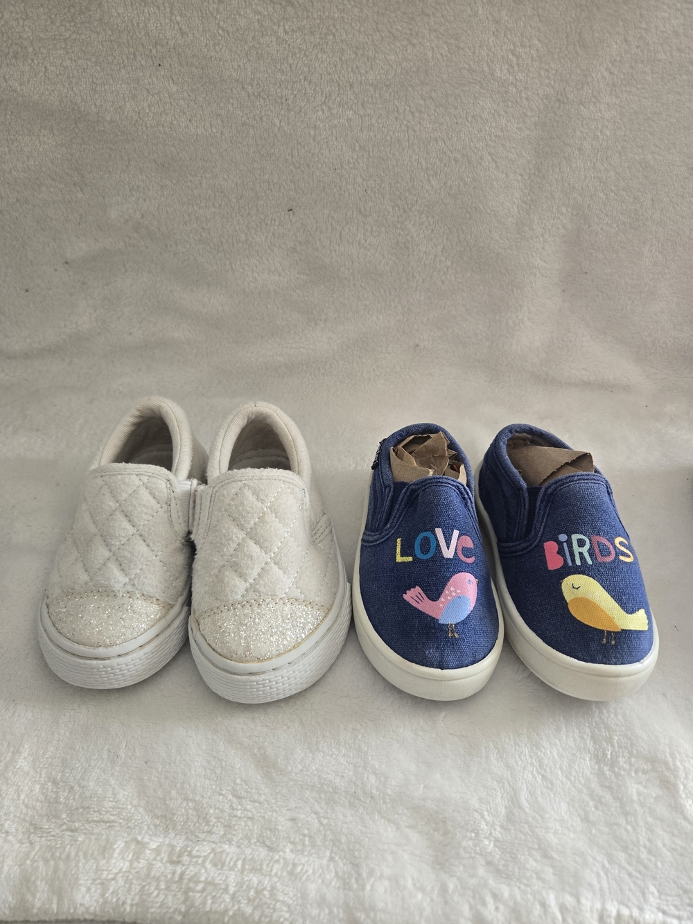 Girls Navy 'Love Birds' Sneakers and White Quilted Slip-On Shoes Size 4